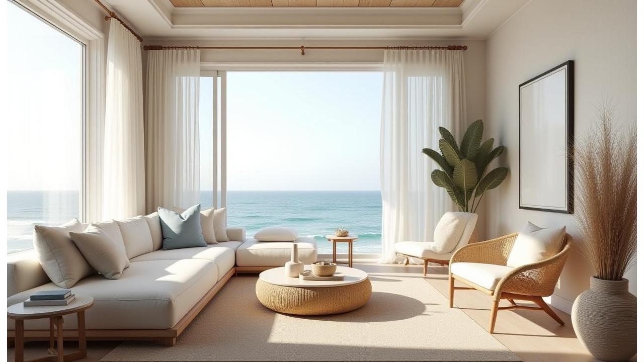 Serene beach-inspired living room with soft coastal colors and natural light