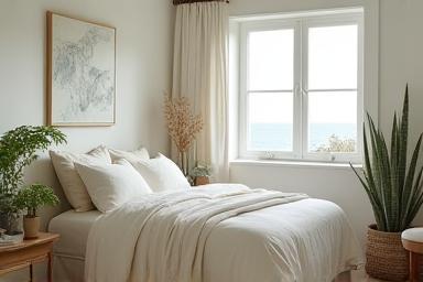Coastal bedroom with airy furnishings and soft natural light