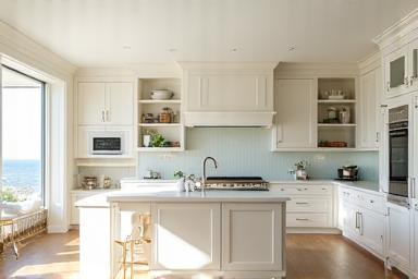 Light-filled kitchen with bespoke cabinetry and soft coastal palette