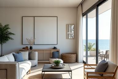 Modern coastal living room featuring bespoke furniture and warm light